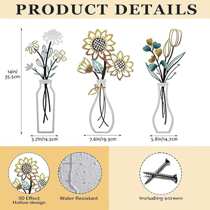 3 Pcs Metal Flowers Wall Decor Rustic Farmhouse Decor Sunflower Minimalist Wall Art Decors for Bathroom Kitchen Living Room Bedroom Office Housewarming Gifts (Beige)