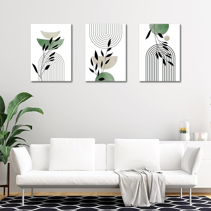 WENGTIAO 3Pcs Boho Sage Green Canvas Wall Art MInimalist Geometric Line Leaf Pictures Prints Paintings Abstract Mid Century Botanical Green Plant Artwork for Living Room Bedroom Bathroom 16x24x3