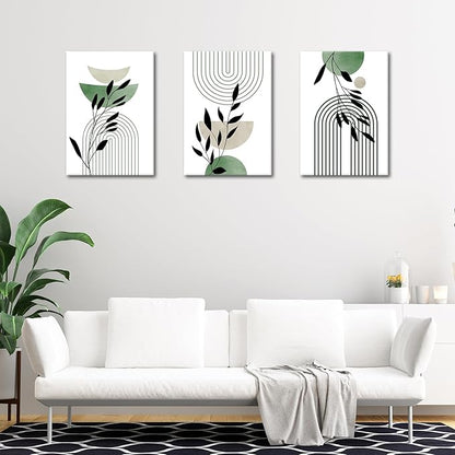 WENGTIAO 3Pcs Boho Sage Green Canvas Wall Art MInimalist Geometric Line Leaf Pictures Prints Paintings Abstract Mid Century Botanical Green Plant Artwork for Living Room Bedroom Bathroom 16x24x3