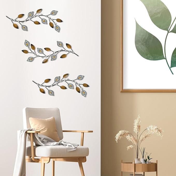 Cityelf 3 Set Crystal Leaf Wall Art Sculpture Iron Tree Leaves Branch Hanging Wall Décor Jeweled Bling Home Deor Acrylic Diamond Accent …