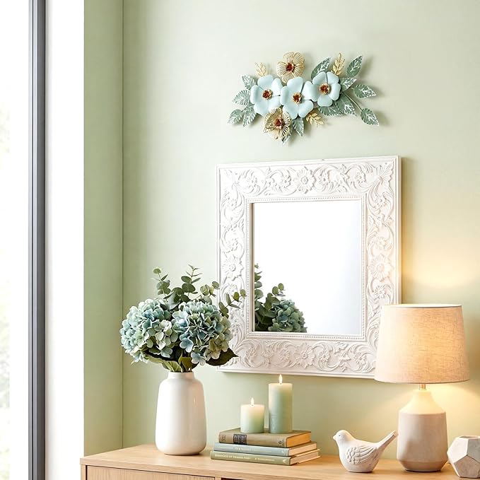 Otoolling 13.7'' Metal Flower Wall Decor, 3D Light Blue & Gold Floral Sculpture with Green Leaves, Hanging Wall Art Accent for Living Room, Bedroom, Bathroom, Home Indoor Outdoor Decoration