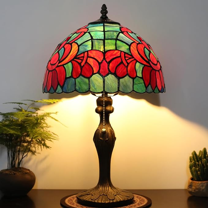 Tiffany Lamp Stained Glass Table Lamp Bedside Reading Lamp 12 x 19” Lotus Style Decorative Lamp for Desk Living Room Bedroom Study Office Light Home Decor Ambient Gift