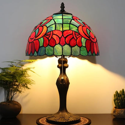 Tiffany Lamp Stained Glass Table Lamp Bedside Reading Lamp 12 x 19” Lotus Style Decorative Lamp for Desk Living Room Bedroom Study Office Light Home Decor Ambient Gift