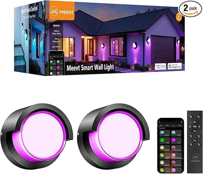 Meevt Smart Outdoor Wall Lights, 1200LM RGBCW Porch Lights, IP65 Waterproof Exterior Wall Sconce, Work with Alexa & Google Assistant, App & Remote Control Wall Lights for Patio, Garage, Round, 2 Pack