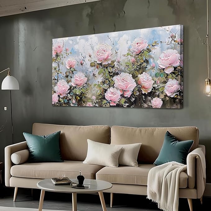 Ardemy Flower Wall Art Canvas Art Wall Decor, Floral Painting Textured Picture Living Room, Pink Rose Artwork Framed for Bedroom Kitchen Dining Room Home Office Decor Extra Large 58"x29"