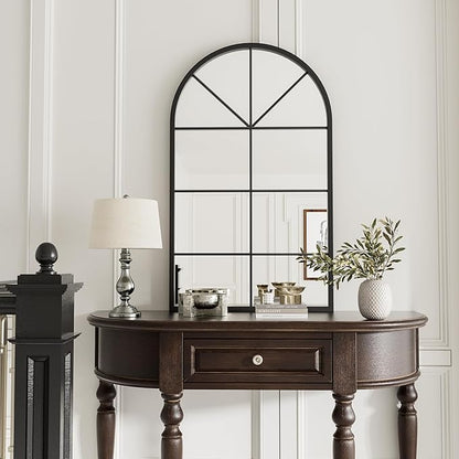 Rowjut Arched Wall Mirror Wall Decorative/Iron Framed Window Pane Mirrors,42" x 24" Window Mirror, Arched Top Wall Mirror for Entryway Living Room, Bedroom, Fireplace .(Deep Black)