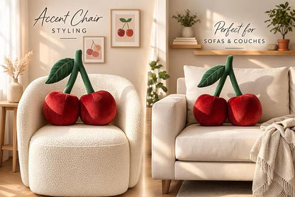 Cherry Pillow for Preppy Room Decor –17x14 In 3D Decorative Cherry Throw Pillow in Luxe Velvet –Shape Hold Fill Fruit Cushion with Sculpted Stem & Embroidered Leaf for Sofa & Aesthetic Home Decor ,Red