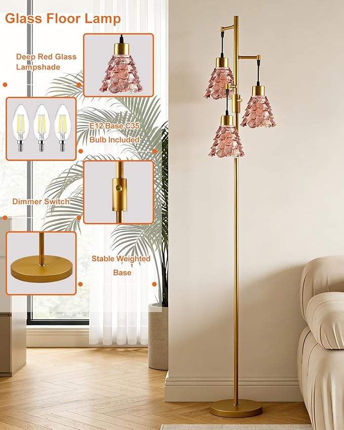 3-Light Modern Glass Floor Lamp, Gold Standing Tall Lamp with Deep Red Pinecone Glass Shade, Dimmable LED Floor Lamp with 5Lbs Heavy Base for Living Room Bedroom Home Decor, Bulb Included