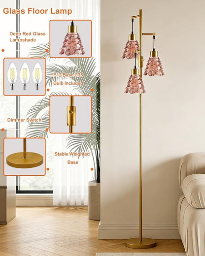 3-Light Modern Glass Floor Lamp, Gold Standing Tall Lamp with Deep Red Pinecone Glass Shade, Dimmable LED Floor Lamp with 5Lbs Heavy Base for Living Room Bedroom Home Decor, Bulb Included