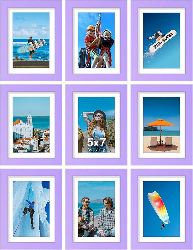 Vittanly 5x7 Picture Frames Set of 9, Display 4x6 Pictures with Mat or 5x7 without Mat, Photo Frames for Wall or Tabletop with Plexiglass, Engineered Wood, Purple