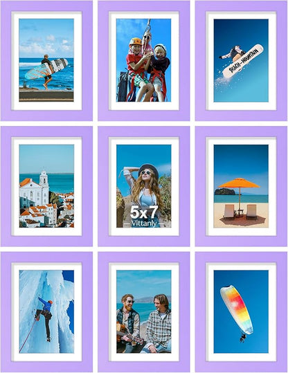 Vittanly 5x7 Picture Frames Set of 9, Display 4x6 Pictures with Mat or 5x7 without Mat, Photo Frames for Wall or Tabletop with Plexiglass, Engineered Wood, Purple