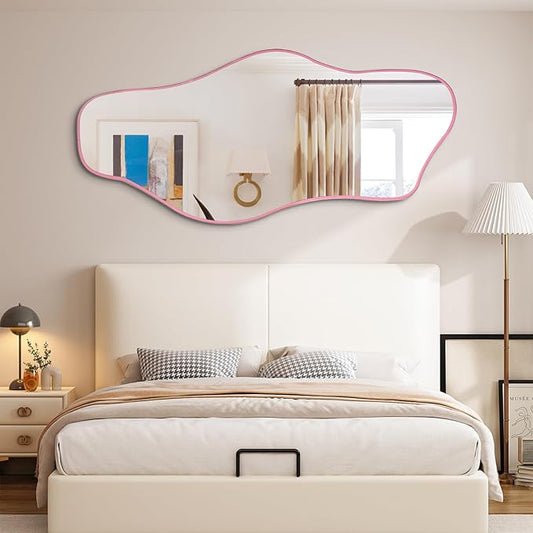Irregular Mirror Full Length, 67"x31" Asymmetrical Tempered Glass Wall Mirror, Large Pink Organic Frameless Mirrors for Living Room Bedroom Hallway Entryway, Horizontal or Vertical Hanging