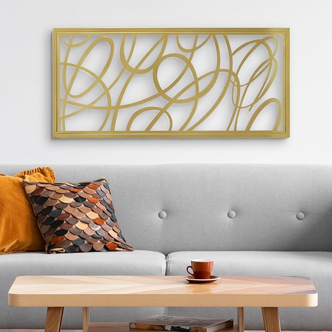 MyGift 44 x 22 Large Gold Metal Minimalist Abstract Laser Cut Design Wall Art, Suitable for Hotel Living Room Office Accent Home Decor, Ready to Hang Panel