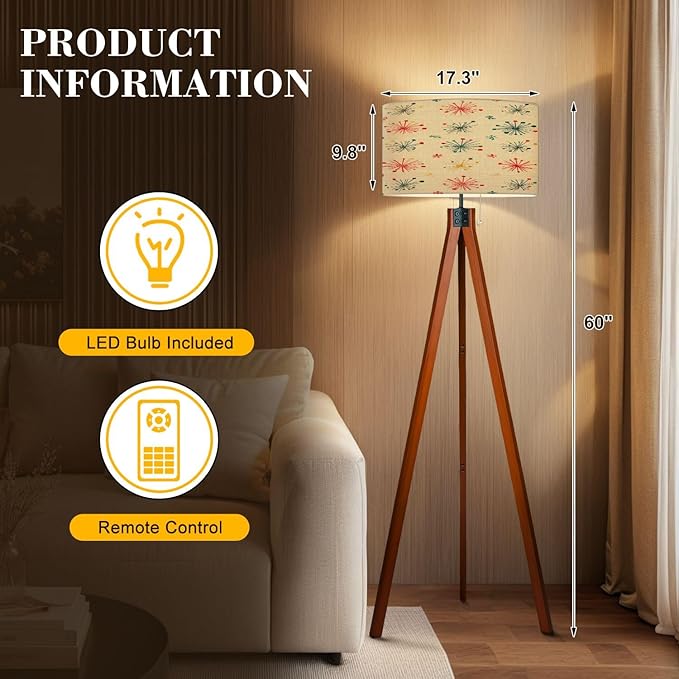 Wood Tripod Floor Lamp Seamless Mid Century Modern Retro Mid Century Standing Lamp Linen Shade Dimmable Modern Tall lamp Home Decor for Living Room Bedroom Office