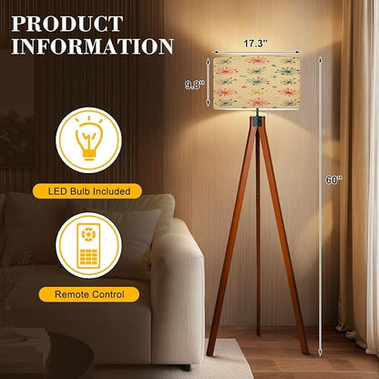 Wood Tripod Floor Lamp Seamless Mid Century Modern Retro Mid Century Standing Lamp Linen Shade Dimmable Modern Tall lamp Home Decor for Living Room Bedroom Office
