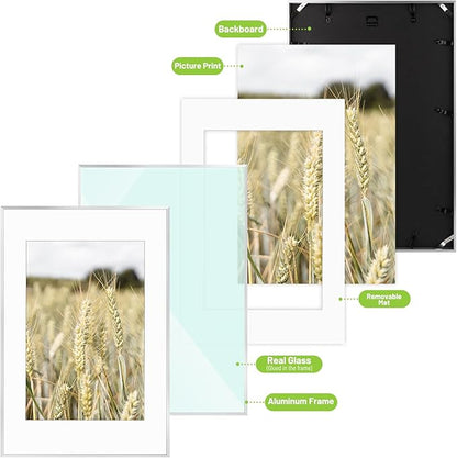Golden State Art, Gallery Wall Frame Set of 6 - Silver 16x24 Aluminum Photo Frames with Mat for 12x18 Pictures - 16 x 24 inch Metal Frame with Real Glass Cover - Elegant Home or Office Decor