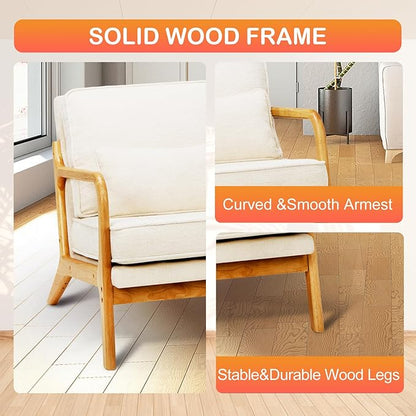 MALOL Accent Chair with Solid Wood Frame, Mid-Century Relaxing Armchair Lumbar Pillow& Soft Cushion, Reading Leisure Chair for Living Room, Bedroom, Waiting Room-Beige