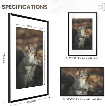 Fun Memories 16x24 Picture Frame Black, Aluminum Poster Frame 16 x 24 for Wall, 16x24 Frame with Mat for 12x18, Modern Metal Frames 16 by 24 with Tempered Real Glass, 16 x 24 Art Frames