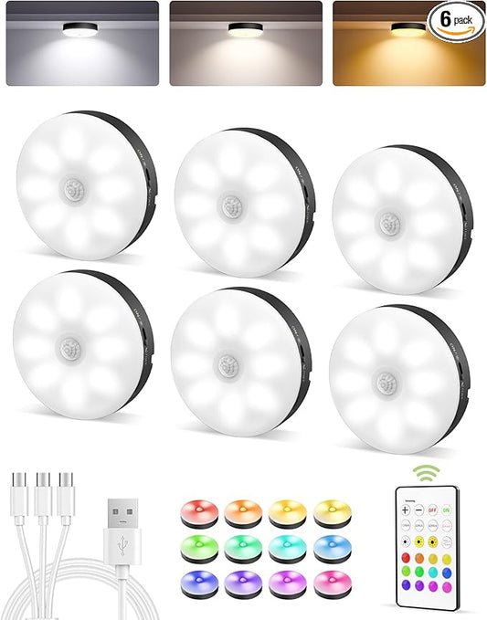 EZVALO Under Cabinet Lighting, 1000mAh Rechargeable Puck Lights with Remote, 3 Color Temps & 12 RGB Motion Sensor Closet Lights Indoor, Dimmable Under Counter Lights for Kitchen (Black, 6 Packs)