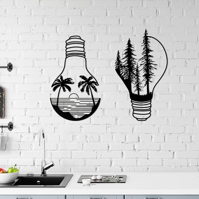 ESTART Metal Pine Tree Wall Art, Metal Bulb Wall Decor, Nature Rustic Farmhouse Cabin Decor, Forest Wall Art for Home Living Room Bedroom Office Indoor and Outdoor Decoration (Black)