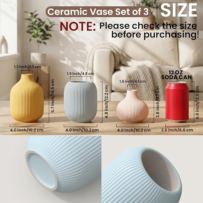 Colorful Small Ceramic Vases Set of 3, Matte Vertical Ribbed, Minimalist for Pampas Dried & Fresh Flowers, Centerpiece for Living Room,Shelf, Wedding (Light Blue, Mustard Yellow, Beige)