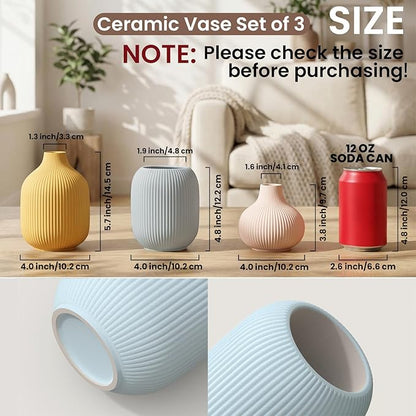 Colorful Small Ceramic Vases Set of 3, Matte Vertical Ribbed, Minimalist for Pampas Dried & Fresh Flowers, Centerpiece for Living Room,Shelf, Wedding (Light Blue, Mustard Yellow, Beige)