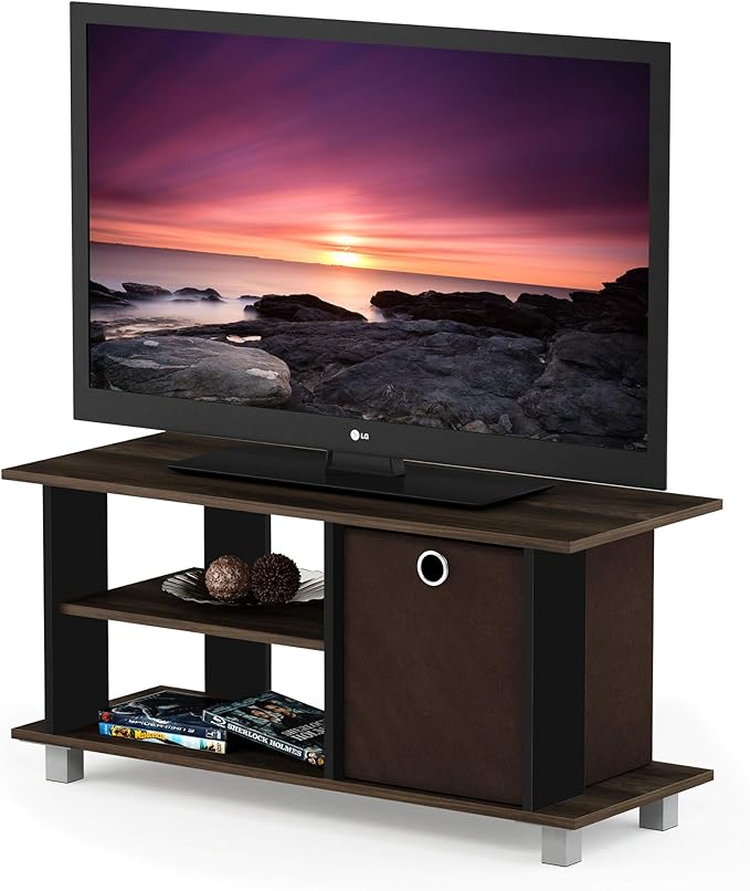 Furinno SIMPLISTIC TV Stand, 3-Tier Entertainment Center, Open Shelf TV Console for TV up to 33 Inch with Bin Drawers, for Living Room, Bedroom, Columbia Walnut