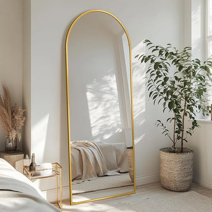 Full Length Mirror with Stand, 56"x15" Arched Full Body Mirror, Large Stand Up Aluminum Frame Floor Freestanding Hanging Leaning Mounted for Bedroom Living Room Entryway Gold