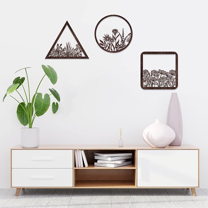 Blulu 3 Pieces Wall Art Wood Wall Pediments Sacred Boho Art Wooden Floral Decor Minimalist Floral Hanging Flower Artwork for Home Dining Room(10 Inch,Brown)