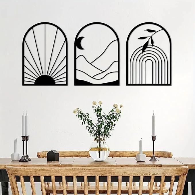 GSANMU Metal Minimalist Wall Decor - 3 Pcs black Bohemian Hanging Wall Single Line Art Wall Sculptures for Living Room,bathroom and staircase 17×11.8 inch