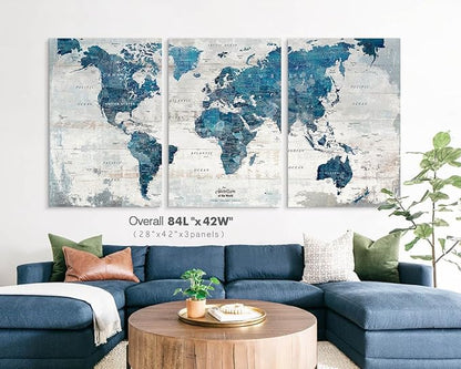 Canvas Wall Art Office Paintings Giant Modern Abstract World Maps for Wall Travel Map with Pins Blue Paintings for Living Room Bedroom Dining Room Wall Decoration