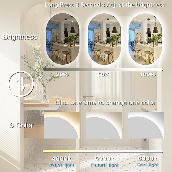 THEKLA 20 x 32 Inch Backlit Oval Lighted Vanity Mirror with Lights Smart Memory 3 Color Dimmable AntiFog 32" Frameless LED Oval Backlit Mirror for Bathroom Makeup Table Wall Vertical/Horizontal Mount