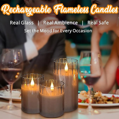 LEDHOLYT Rechargeable Flameless Candle, Flashing LED Pillar Real Wax Candle with Remote Control and Timer, Grey Stripes Glass Electronic Candles for Room Decoration, 1 Set of 3