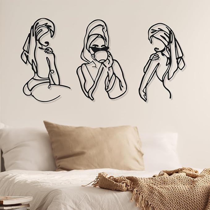 Photect 3 Pcs Metal Wall Art Decor Minimalist Abstract Woman Wall Art Metal Modern Line Drawing Decor Female Single Line Home Hanging for Bedroom Bathroom Living Room Housewarming(Romantic,Black)