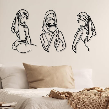 Photect 3 Pcs Metal Wall Art Decor Minimalist Abstract Woman Wall Art Metal Modern Line Drawing Decor Female Single Line Home Hanging for Bedroom Bathroom Living Room Housewarming(Romantic,Black)