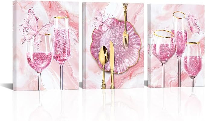 sechars 3 Pieces Set Kitchen Wall Decor Pink Wine Glass Wall Art Gold Utensils Canvas Prints Modern Dining Room Pictures (Pink)
