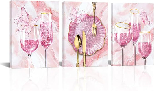 sechars 3 Pieces Set Kitchen Wall Decor Pink Wine Glass Wall Art Gold Utensils Canvas Prints Modern Dining Room Pictures (Pink)