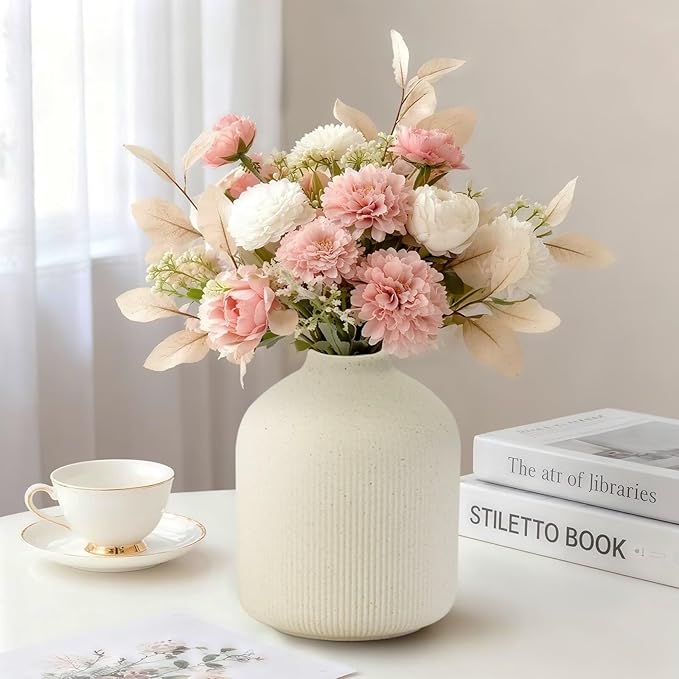 Ceramic Flower Vases Set of 3, Valentine's Day Gift Vases with Vertical Stripe Texture, Modern Decorative Vases for Dried Flowers, Home Decor Vases for Living Room Bedroom Kitchen Shelf(Beige)