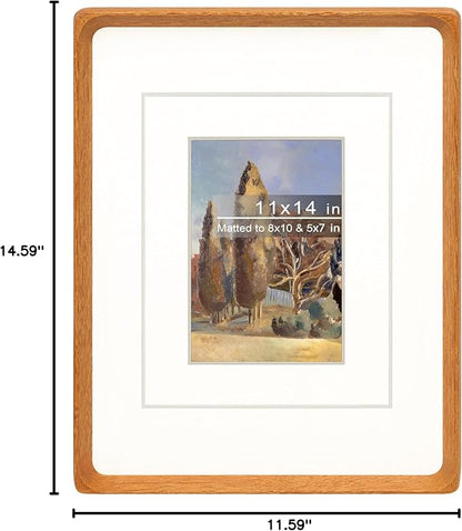 11x14 Picture Frame with Mat for 5x7/8x10, Natural Teak Wood Handcrafted Rounded Corner with Real Glass, Vertical or Horizontal Display Photo Gallery Wall Mounting Frame