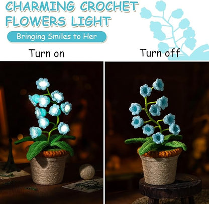 Lily of The Valley Lamp, Blue Crochet Artificial Flowers with Night Lights, Cordless Table Lamp -Birthday Gifts for Women,Cozy Home Decor Mothers Day Gifts