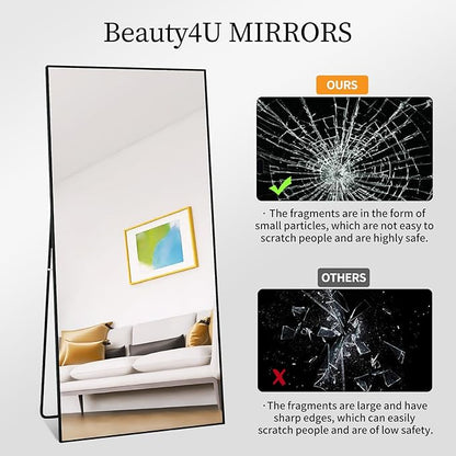 Beauty4U 71" x 32" Full Length Mirror with Stand, Large Floor Mirror for Bedroom, Wall Mounted or Leaning Full Body Mirror, HD Tempered Glass Dressing Mirror for Outfit Check & Home Decor, Black