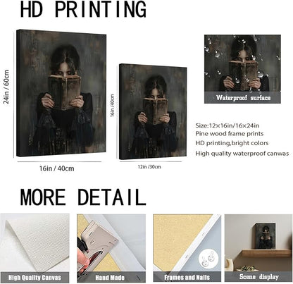 Dark Academia Book Wall Art Vintage Gothic Victorian Woman Reading Wall Decor Poster Painting Picture Moody Girl Aesthetic Canvas Print for Bedroom Living Room Dorm Library Corner 12x16Inch Framed