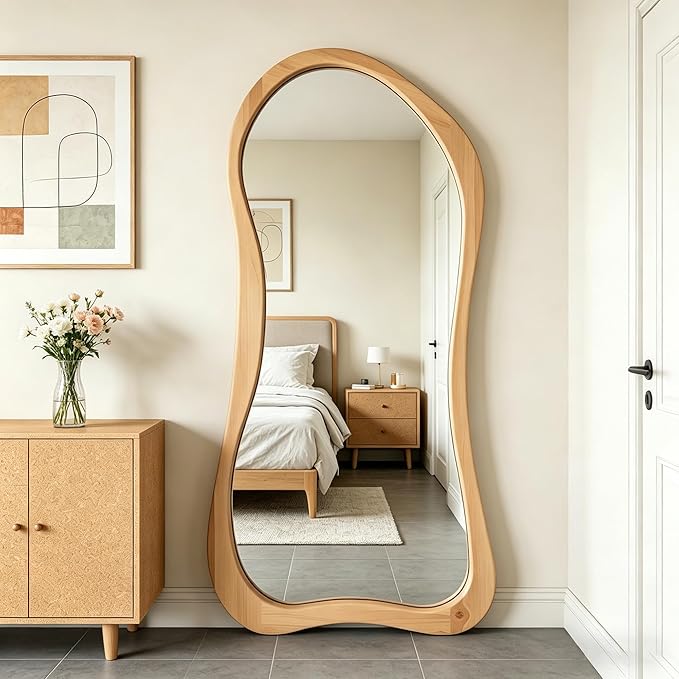 Large Irregular Mirror, 67"x31.5" Asymmetrical Full Body Mirrors with Solid Wood Frame, Premium Organic Aesthetic Floor Mirror for Living Room Entryway Hallway Cloakroom, Leaning/Hanging