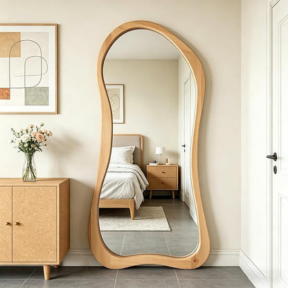Large Irregular Mirror, 67"x31.5" Asymmetrical Full Body Mirrors with Solid Wood Frame, Premium Organic Aesthetic Floor Mirror for Living Room Entryway Hallway Cloakroom, Leaning/Hanging