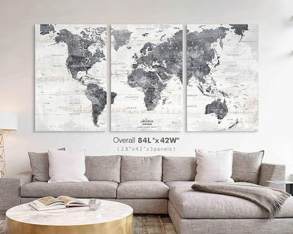 Wall Decor Living Room Office Wall Art Modern Gray Framed Push Pin Travel Map World Motivational Canvas Picture for Bedroom Dining Room Kitchen Wall