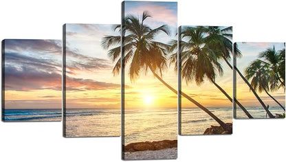 Sunset Palm Beach Ocean Landscape Seascape Modern Pictures Painting on Canvas 5 Panels Combination Enlarge for Wall Art Living Room Home Decor Framed Stretched (60" W x 40" H)