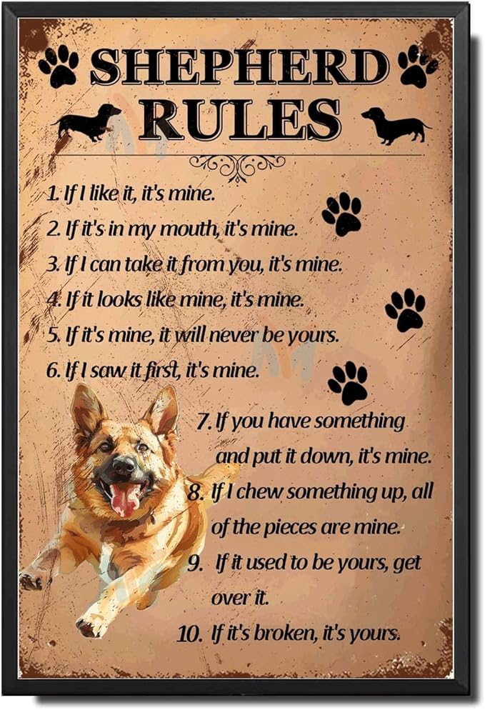 Metal Sign Tin Sign Vintage Wall Art Shepherd Rules Tin Sig for Club 12×16 Inches with Metal Frame