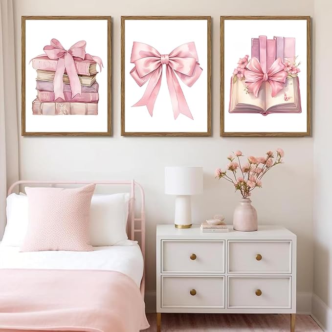 JBZDD Bow decor Art Set of 3,Book Lovers Gifts Preppy Decor Trendy Pink book Posters Pictures Prints Aesthetic for Girls Room College Apartment Living Room Bedroom Framed 12x16 In Framed
