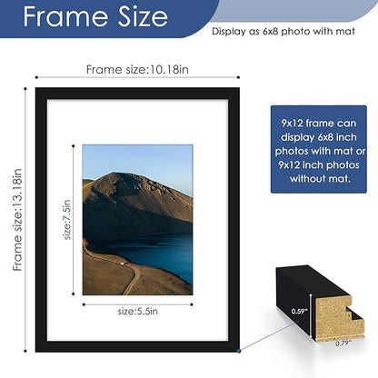 PEALSN 9x12 Picture Frame Set of 6, Display Pictures 6x8 with Mat or 9x12 without Mat for Wall Mounting or Table Top Display, Photo Frames Collage for Wall Decor, Black
