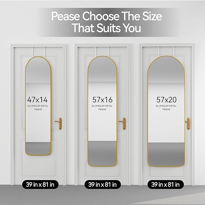SCWF-GZ 57x16 Door Hanging Full Length Mirror, Floor Stand (Height 5.7ft just Body in1.3ft) / Wall Mounted Metal Frame Arch Dressing Mirrors for Bedroom Living Room 57 inch Gold